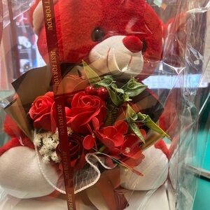Adorable Red Teddy Bear with Faux Floral Arrangement